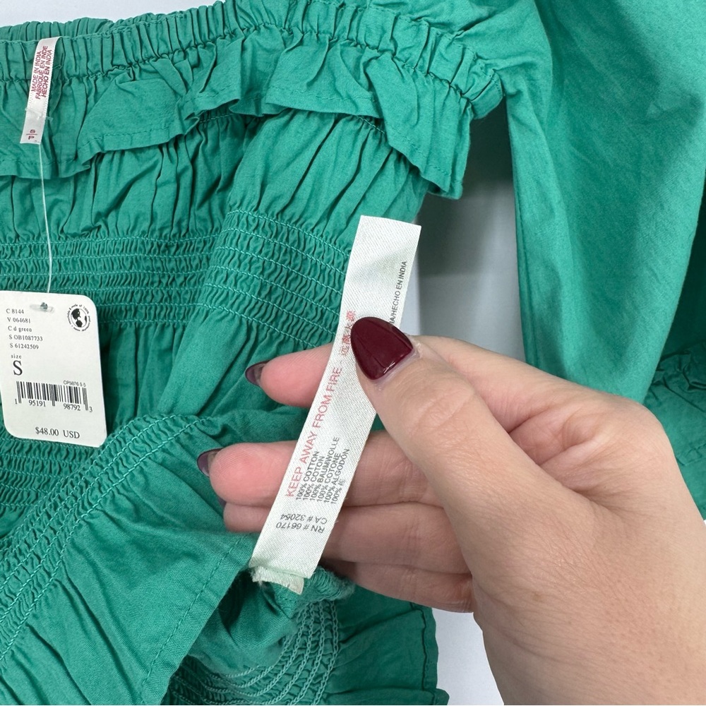 NWT Free People Green Smocked Bell Sleeve Top - Picture 5 of 8